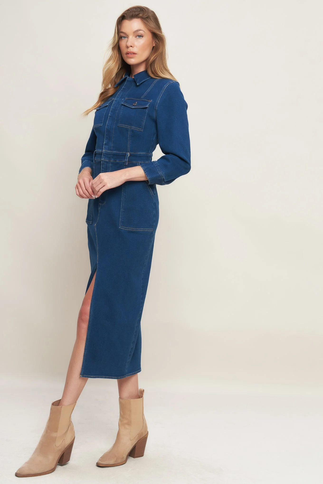 MIDNIGHT DARK INDIGO DENIM MIDI DRESS - Image 5