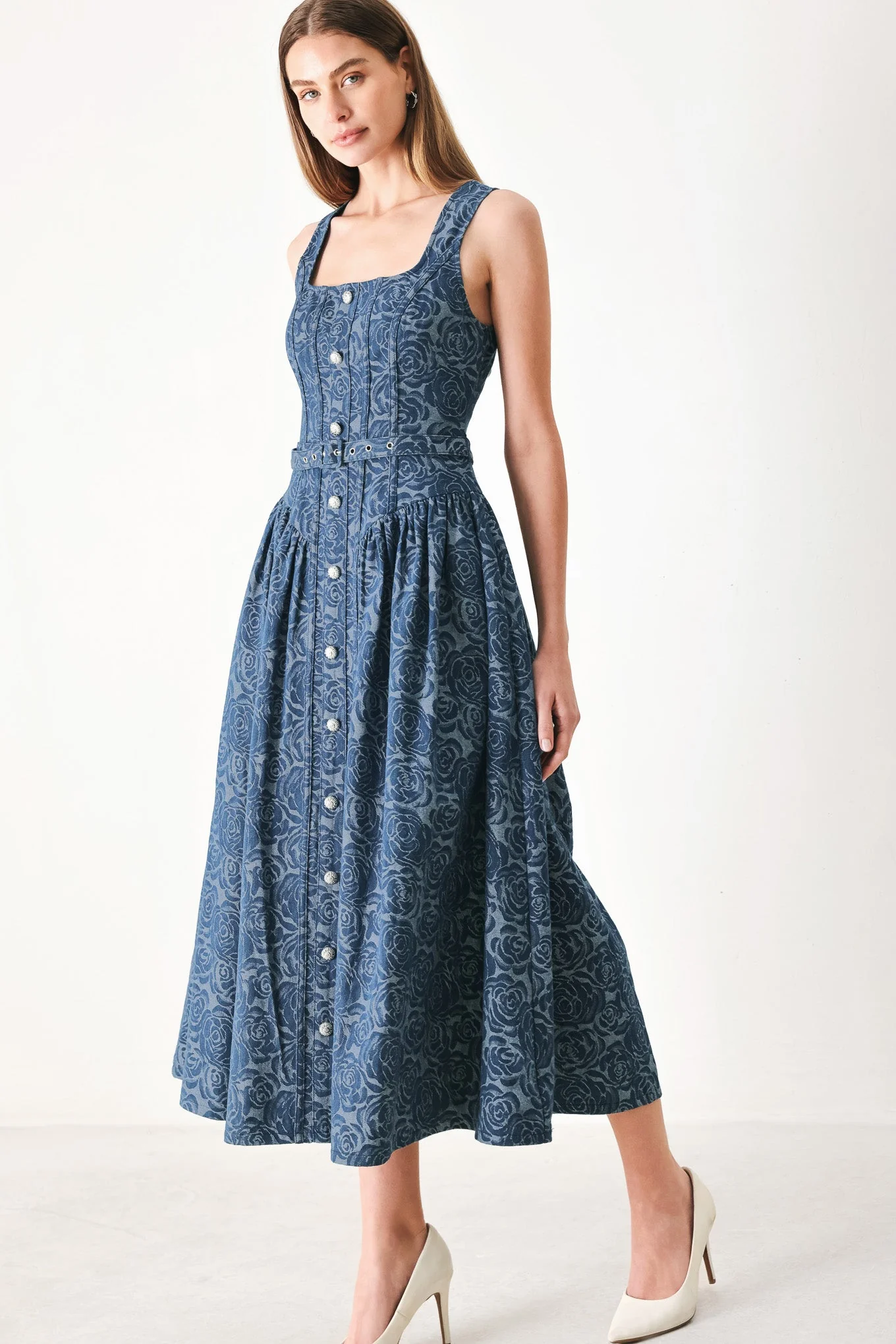 MIDNIGHT GARDEN DENIM MIDI DRESS - Image 3