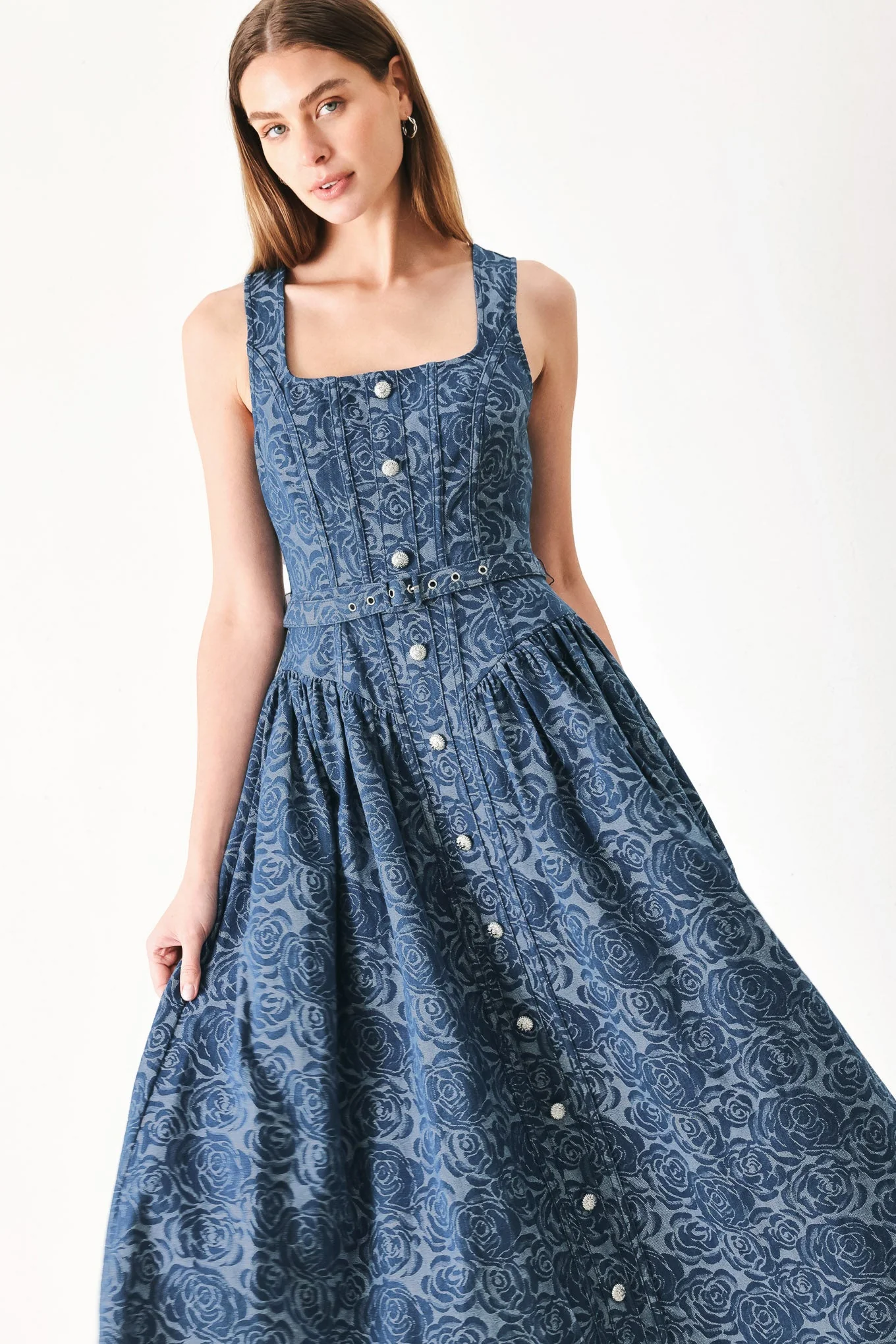 MIDNIGHT GARDEN DENIM MIDI DRESS - Image 4