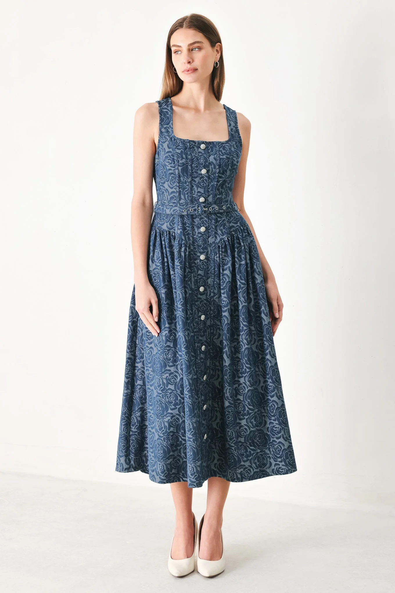 MIDNIGHT GARDEN DENIM MIDI DRESS - Image 5