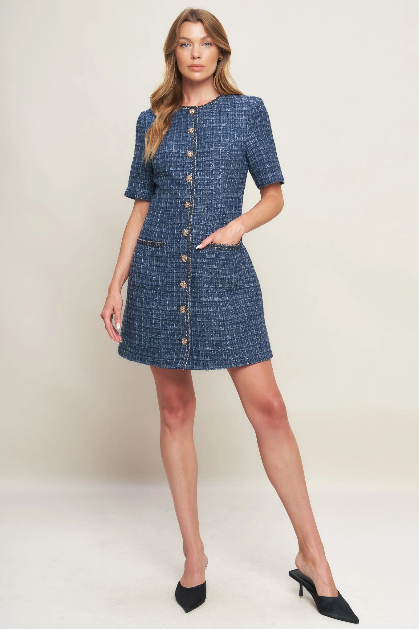 MODERN ICONIC BLUE TWEED MINI DRESS - Image 4