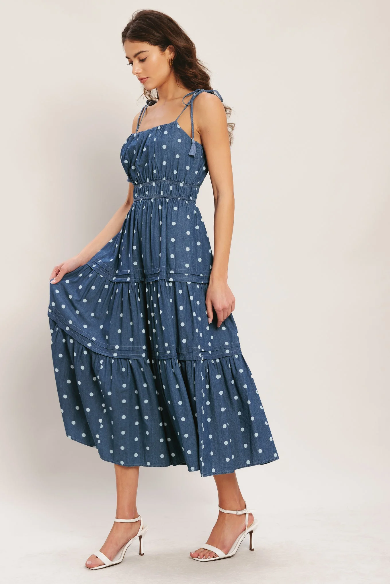 NAUTICAL POLKA DOT DENIM MIDI DRESS - Image 3