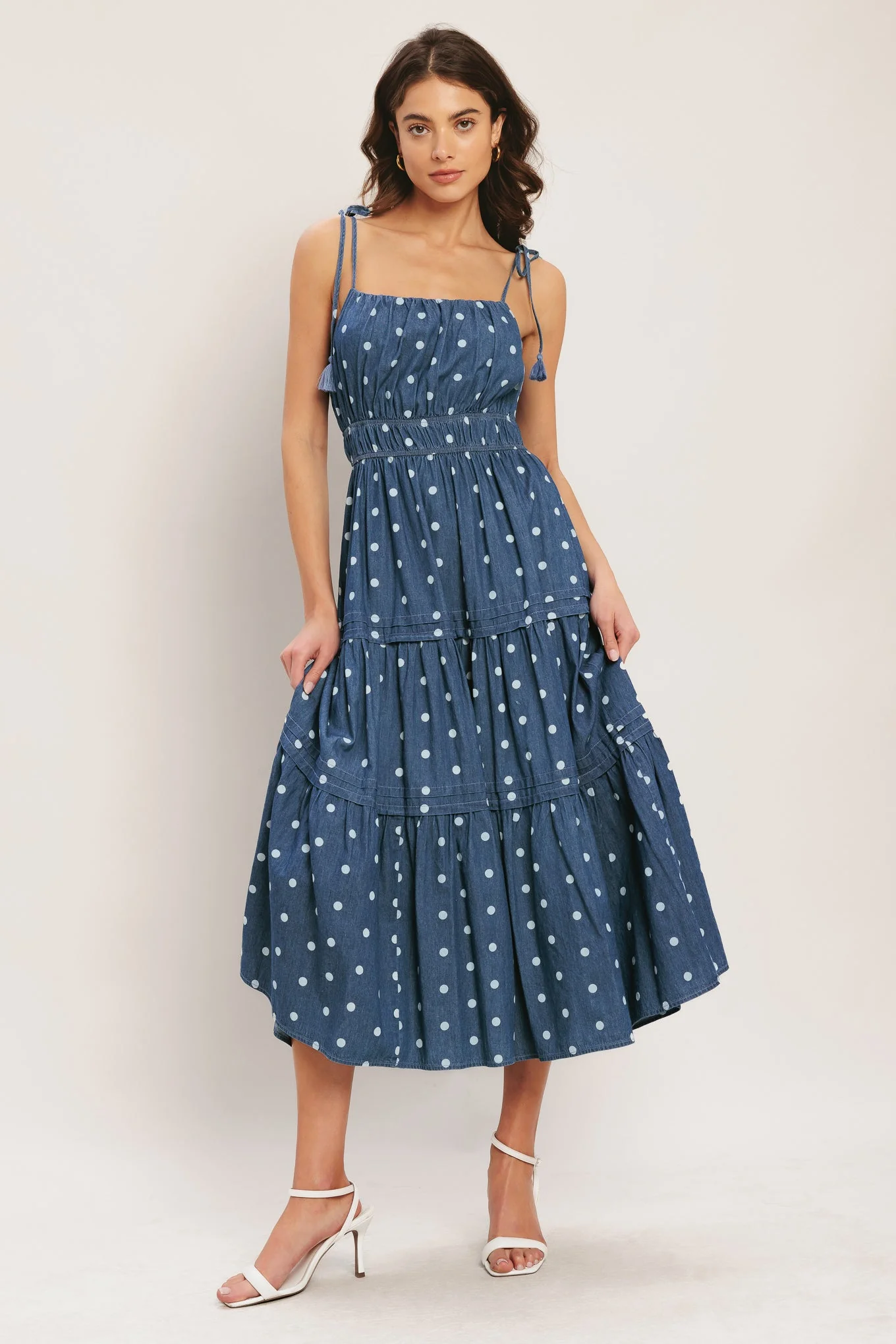 NAUTICAL POLKA DOT DENIM MIDI DRESS - Image 4