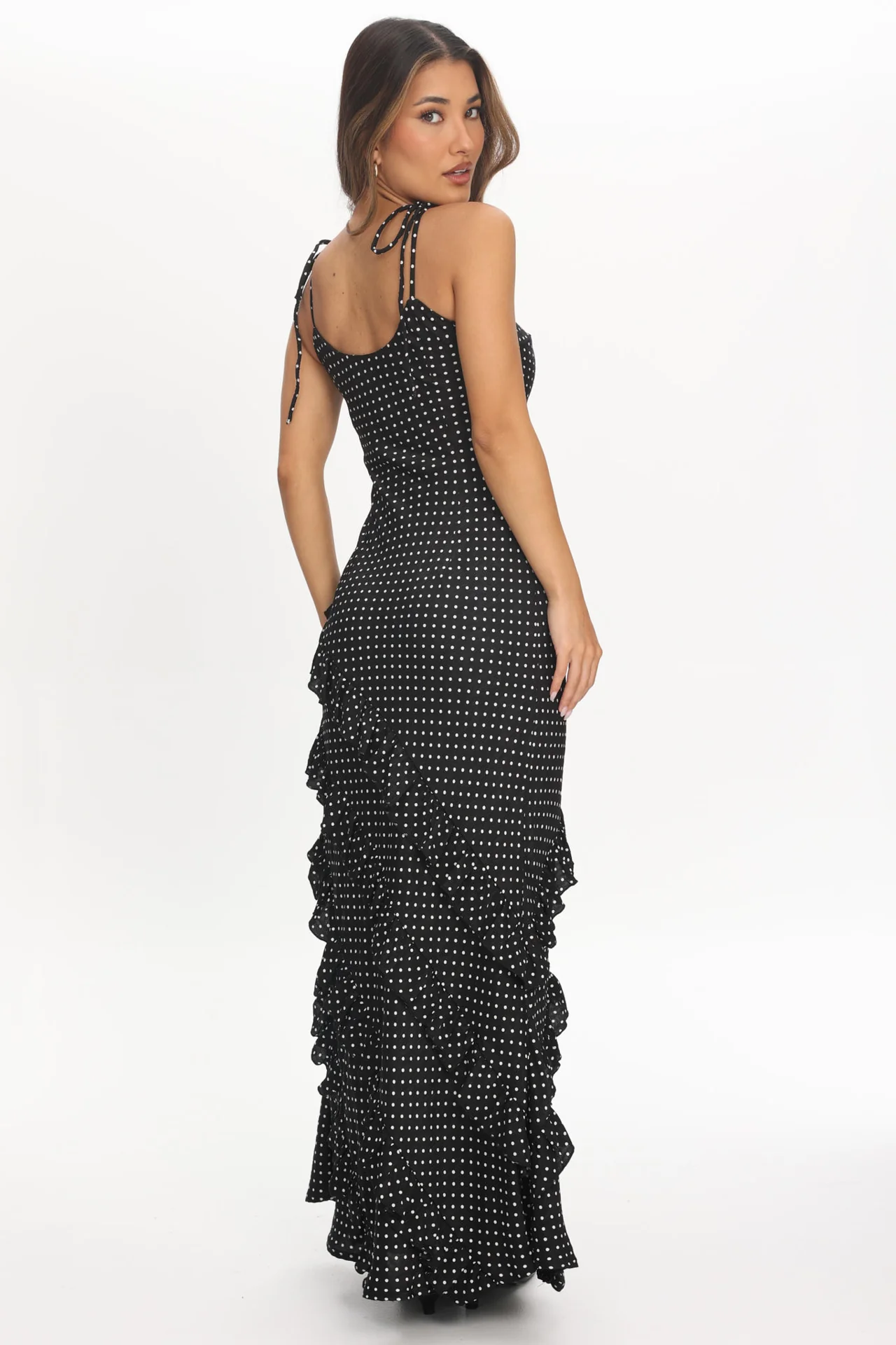 Nevaeh Polka Dot Ruffle Maxi Dress - Black - Image 2