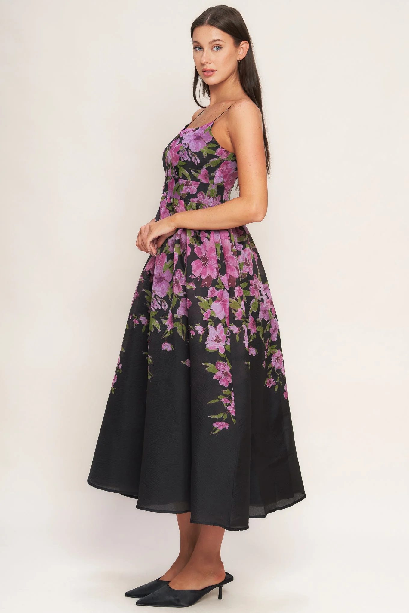 NIGHTFALL BLOSSOM BLACK MIDI DRESS - Image 6