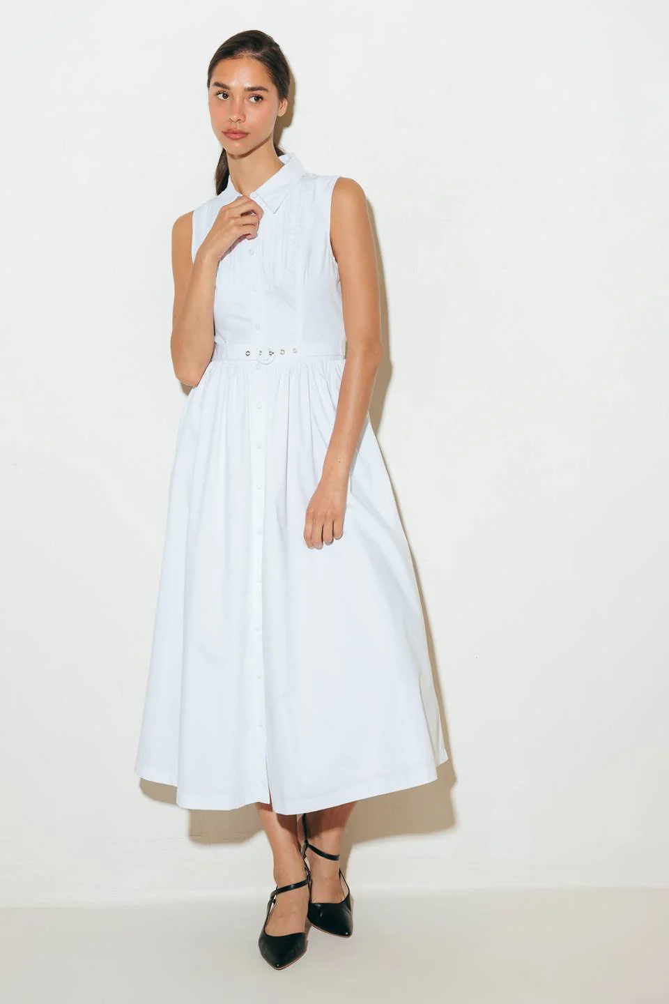 NORTH EAST MIDI - White Cotton Pintuck Midi Shirt Dress - Image 2