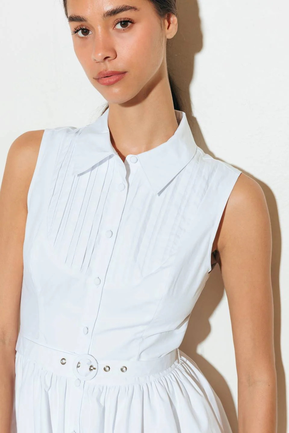 NORTH EAST MIDI - White Cotton Pintuck Midi Shirt Dress - Image 3