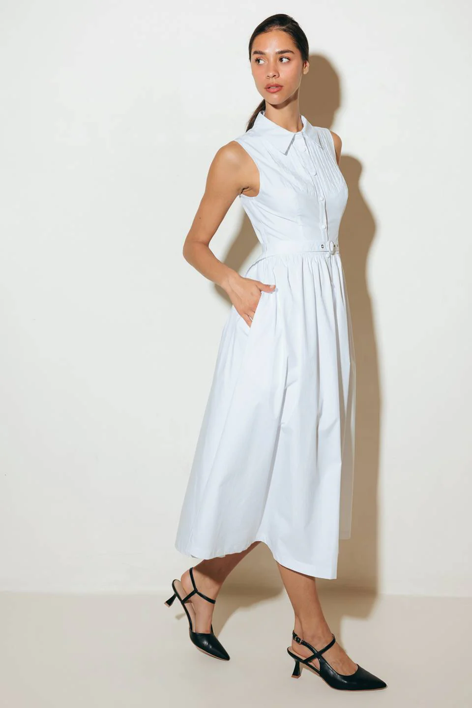 NORTH EAST MIDI - White Cotton Pintuck Midi Shirt Dress - Image 5