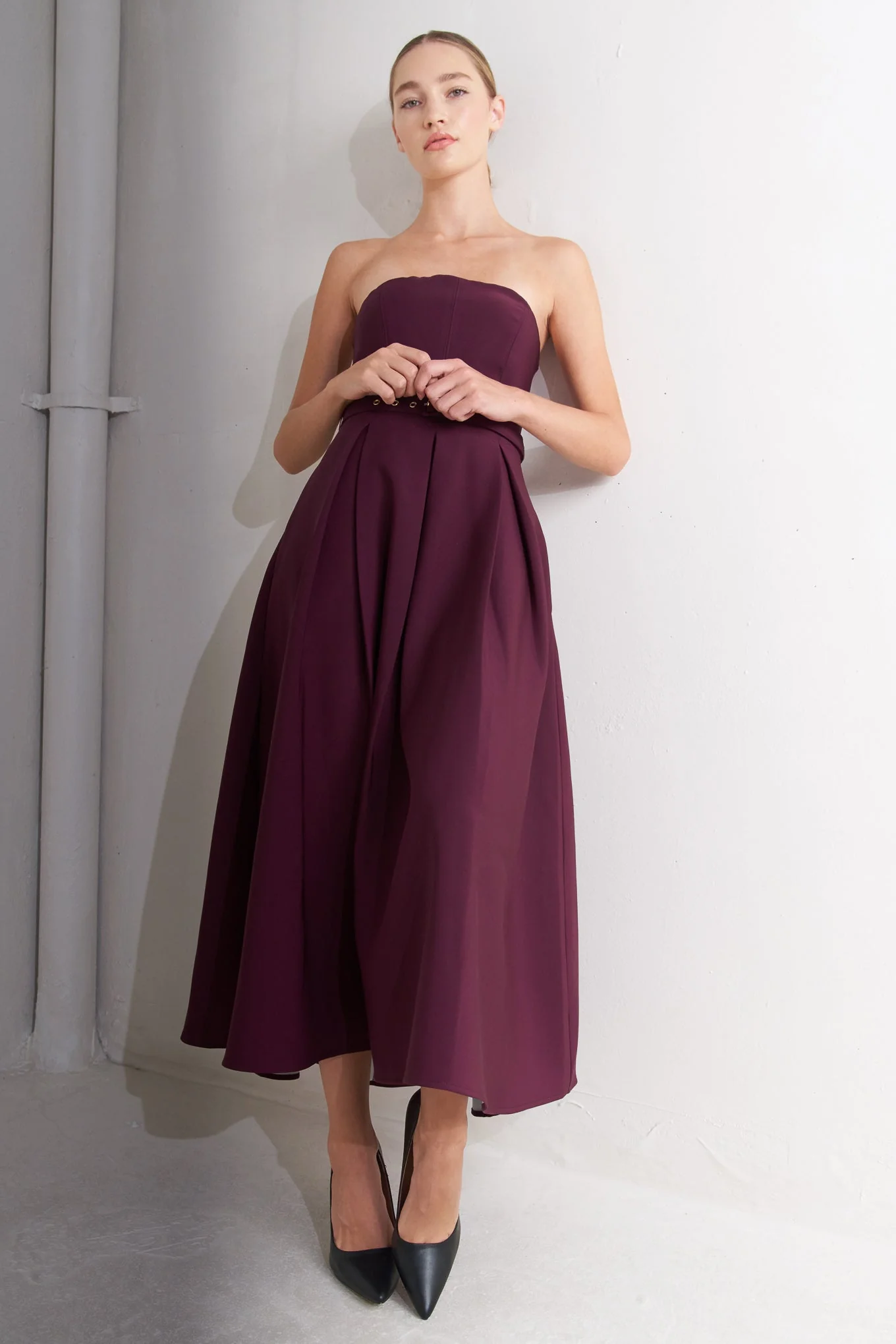 OPERA WINE BURGUNDY MIDI DRESS WITH POCKETS - Image 5