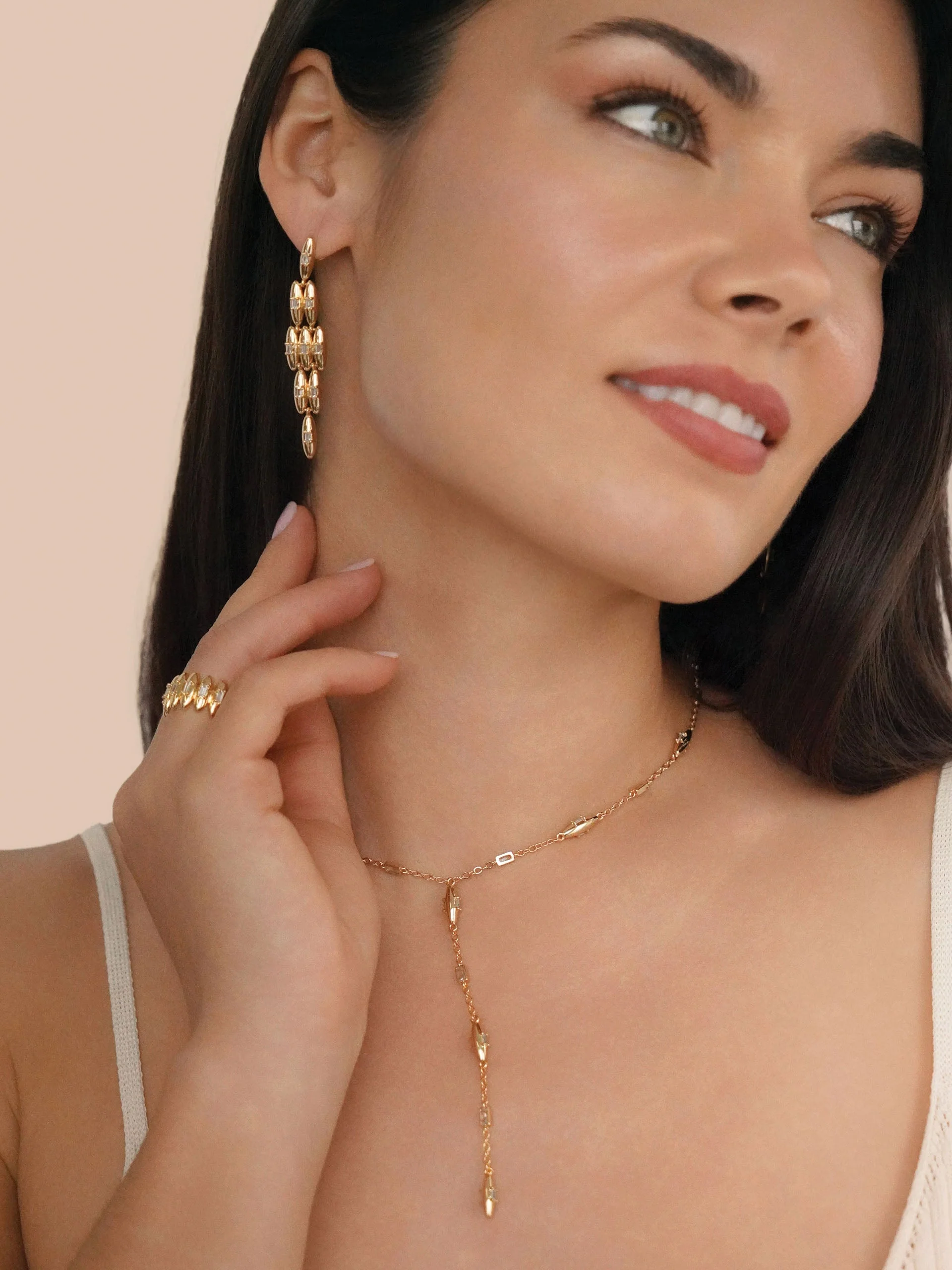 Oval Dome Baguette Dangle Earrings - Image 5
