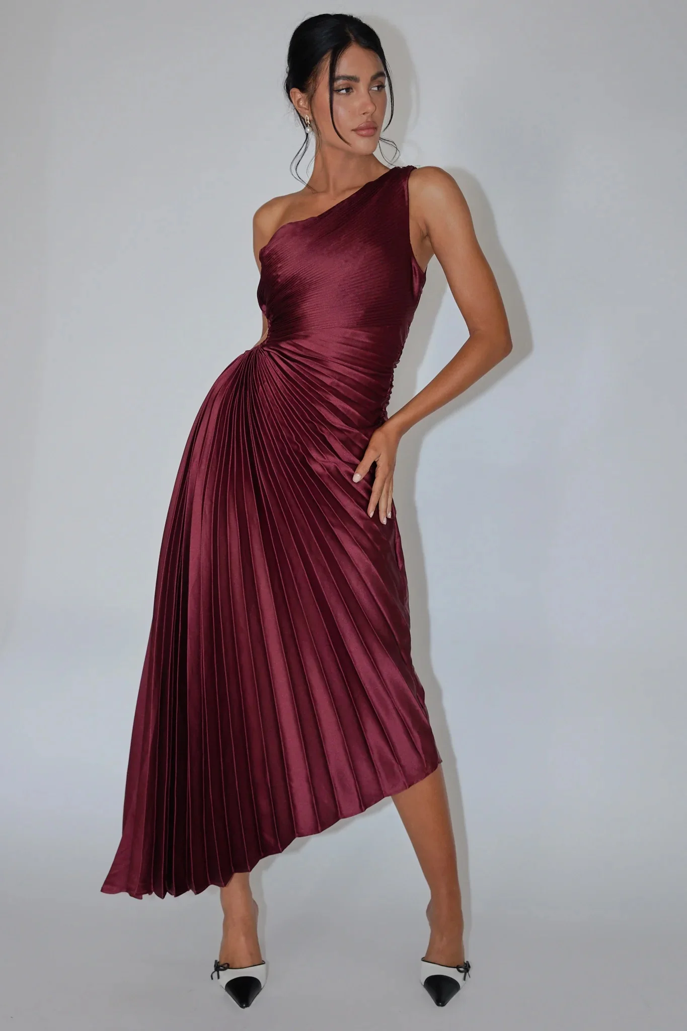 Panama Maxi Dress - Wine - Pleated Dress With Side Cut Out - Image 2