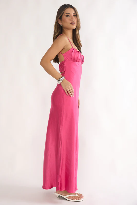 Paula Maxi Dress - Fuchsia Pink Satin Slip Dress - Image 3