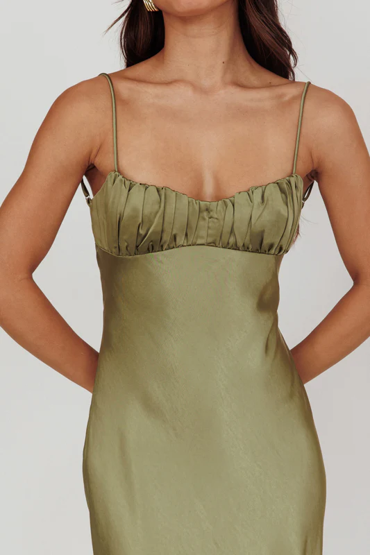 Paula Maxi Dress - Olive Green Satin Slip Dress - Image 3