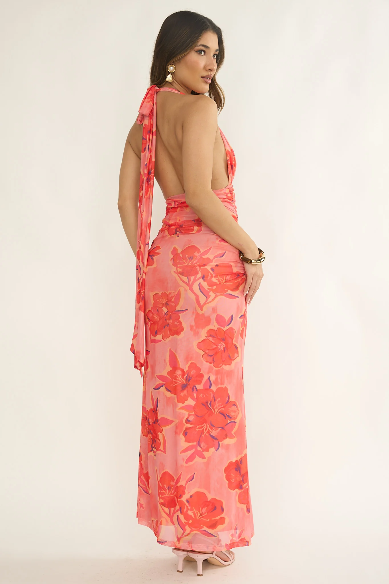 Pink Hibiscus Halter Maxi Dress - Image 2