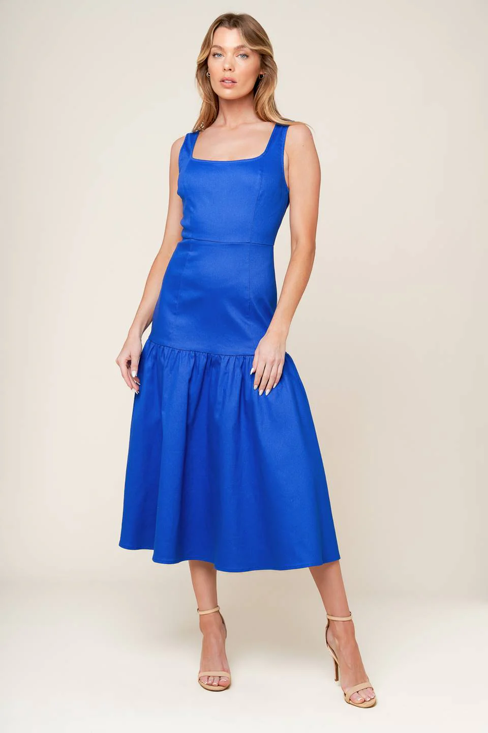 BONNIE BLUE MIDI DRESS WITH SQUARE NECKLINE & DROP WAIST - Image 5