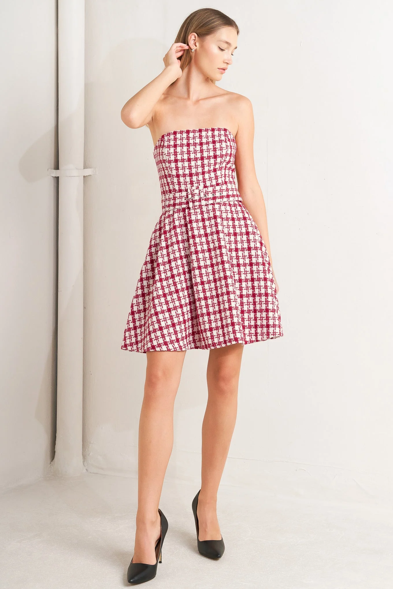 RED CHECK TWEED MINI DRESS - Image 6