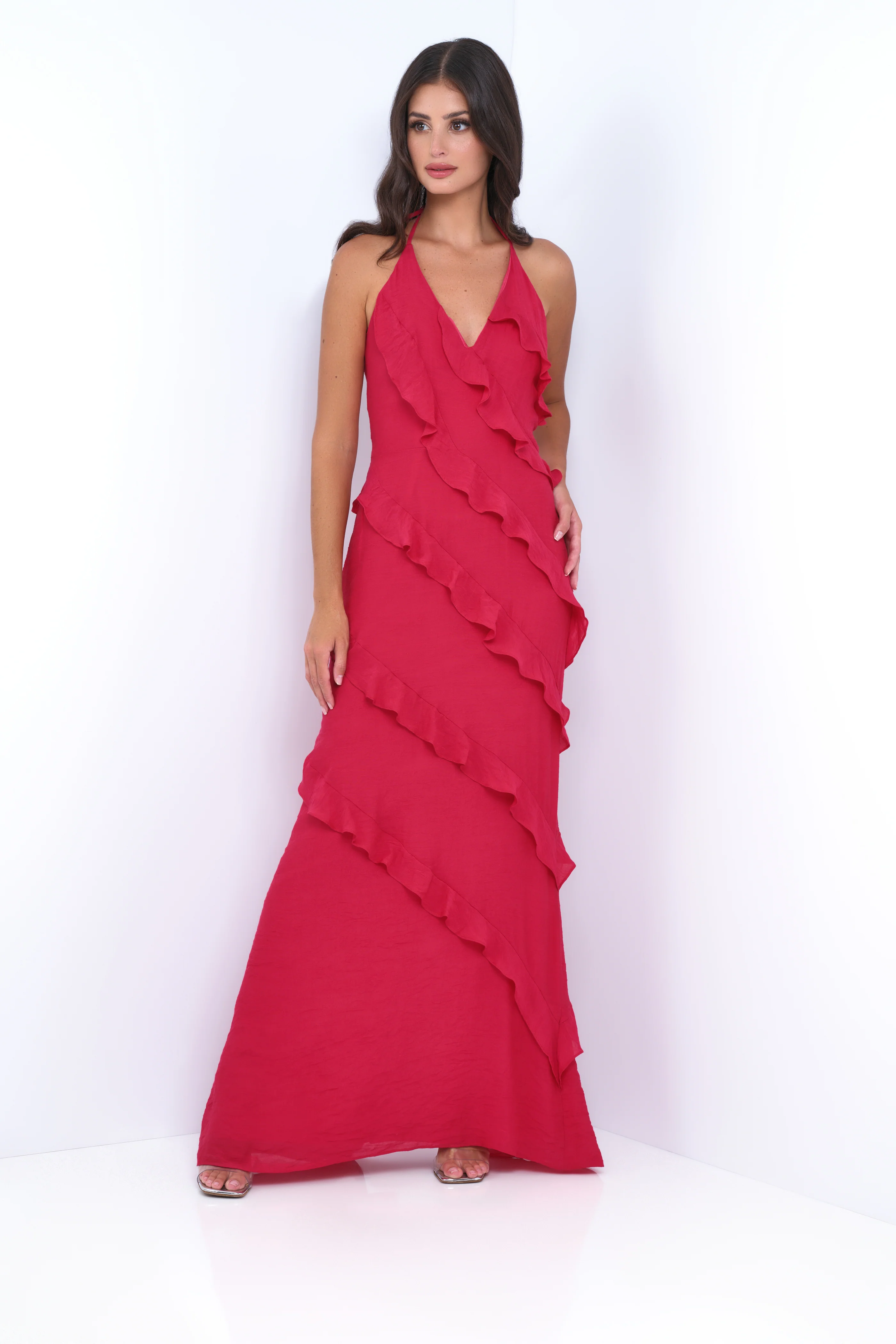 Remi Red Maxi Dress - Halter Neck, Open Back, Ruffle Detail - Image 3