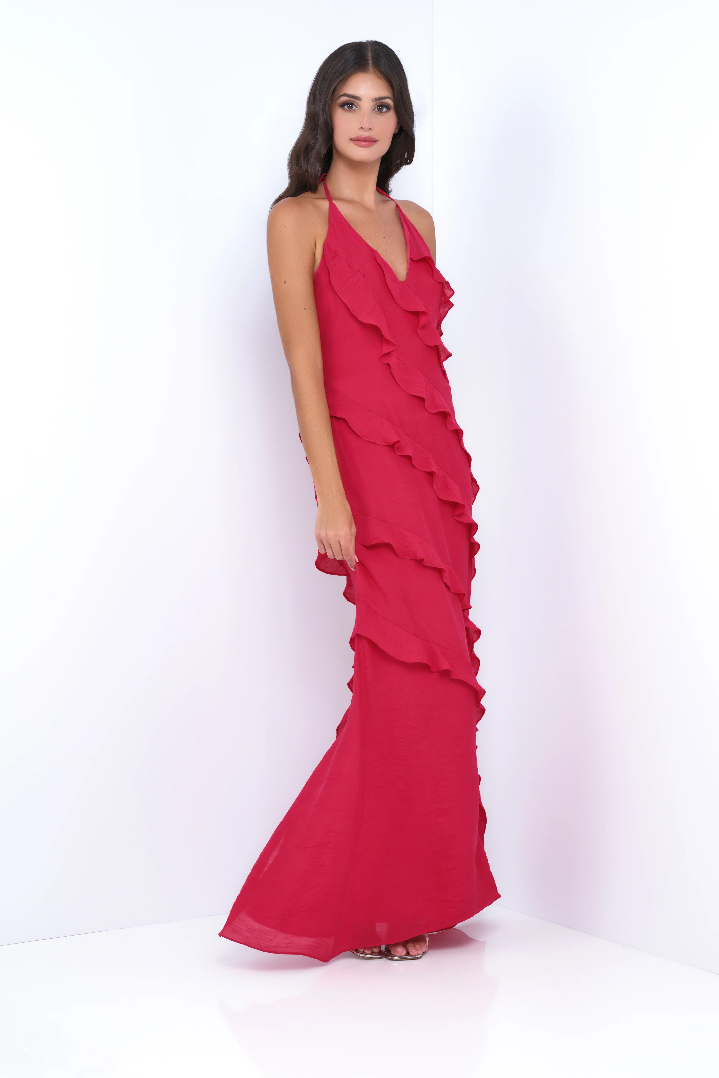 Remi Red Maxi Dress - Halter Neck, Open Back, Ruffle Detail - Image 4