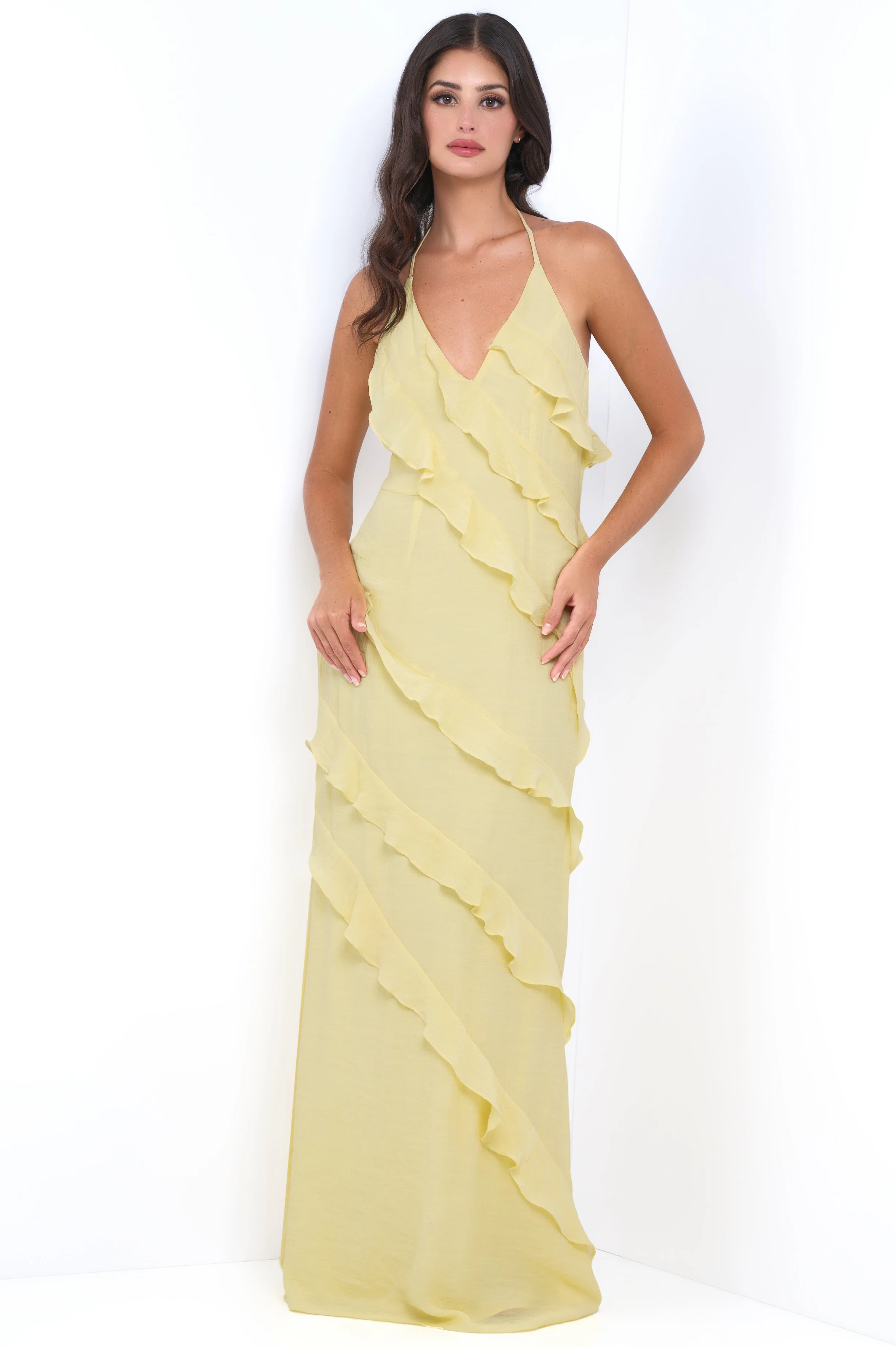 Remi Yellow Maxi Dress - Halter Neck, Open Back & Ruffle Detail - Image 4