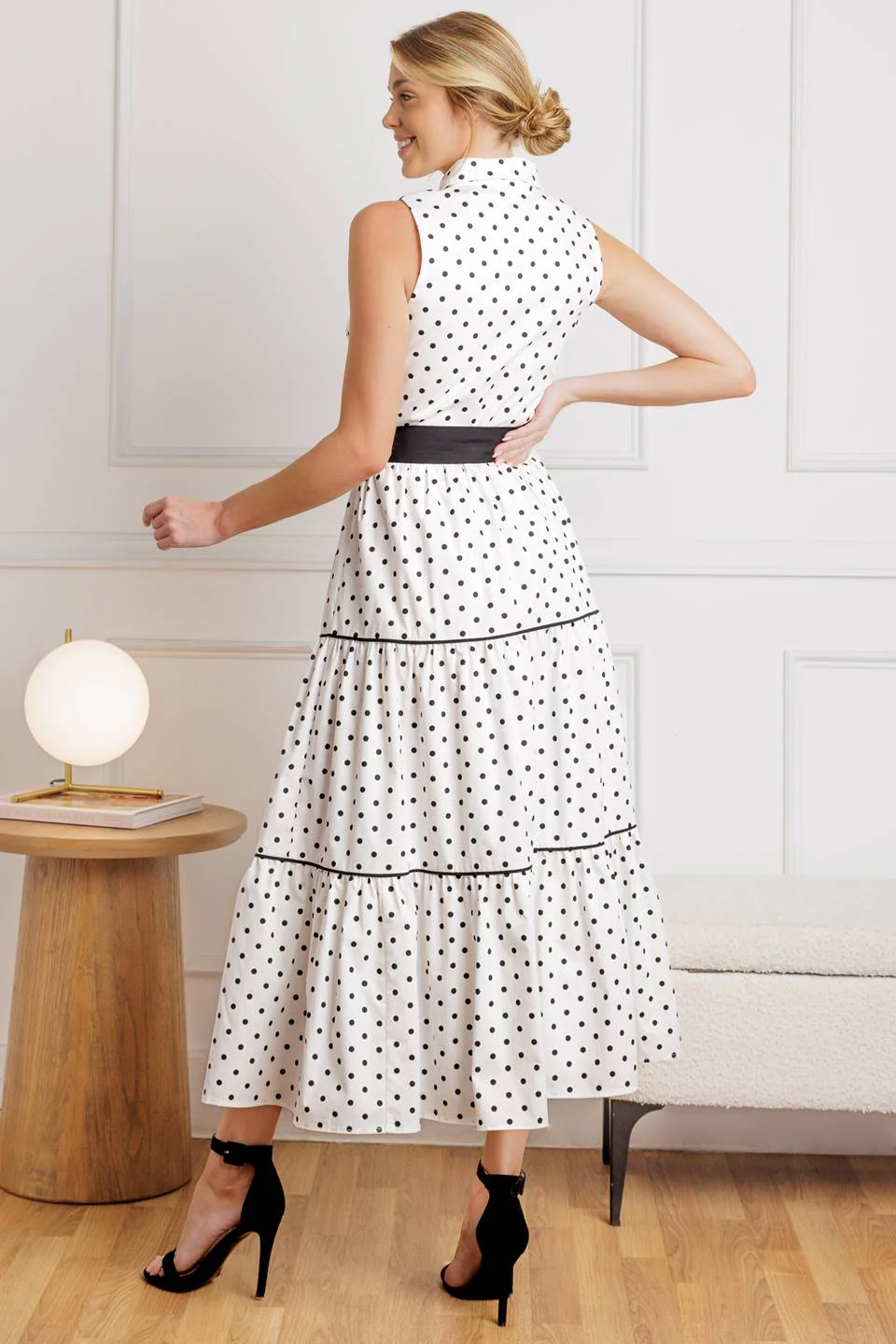 RETRO DOTS - WHITE & BLACK POLKA DOT MIDI DRESS - Image 2