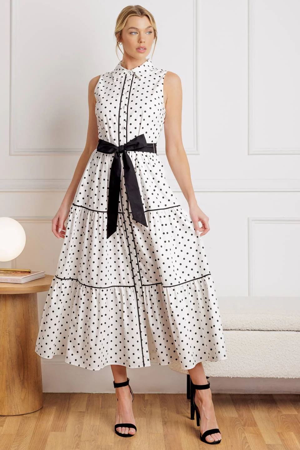 RETRO DOTS - WHITE & BLACK POLKA DOT MIDI DRESS - Image 3