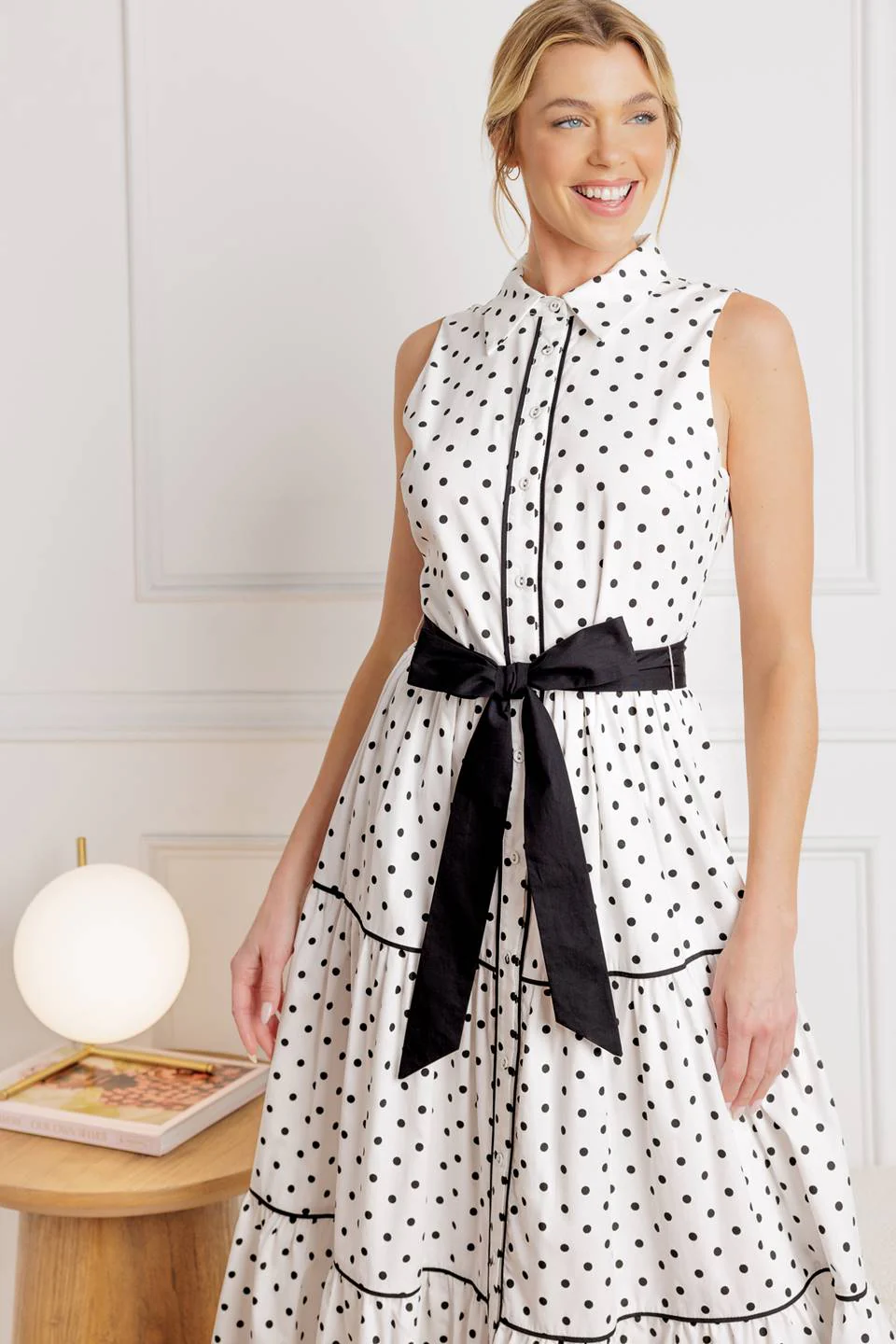 RETRO DOTS - WHITE & BLACK POLKA DOT MIDI DRESS - Image 4