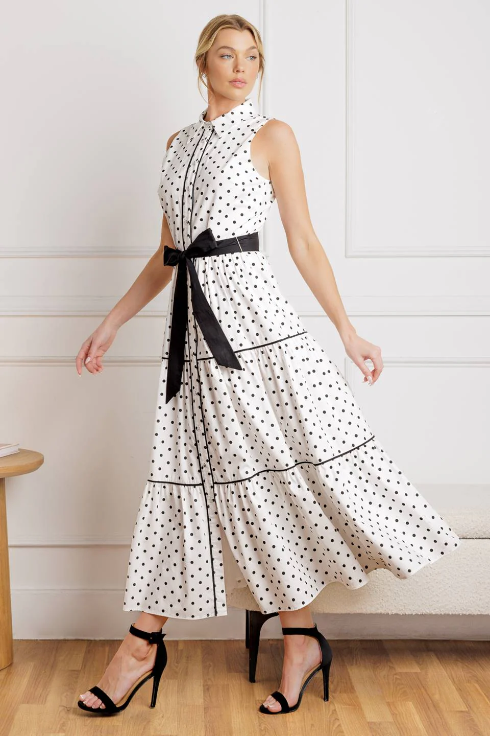 RETRO DOTS - WHITE & BLACK POLKA DOT MIDI DRESS - Image 6