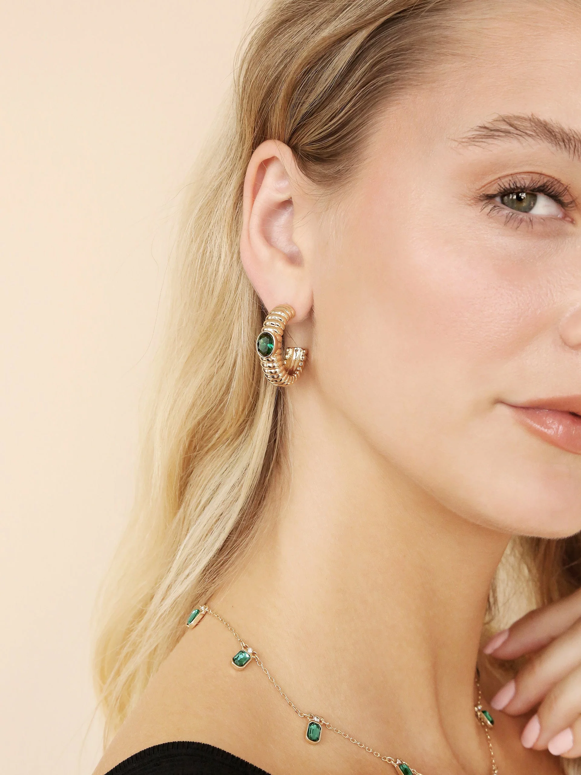 Ribbed Emerald Large Hoops - Image 4