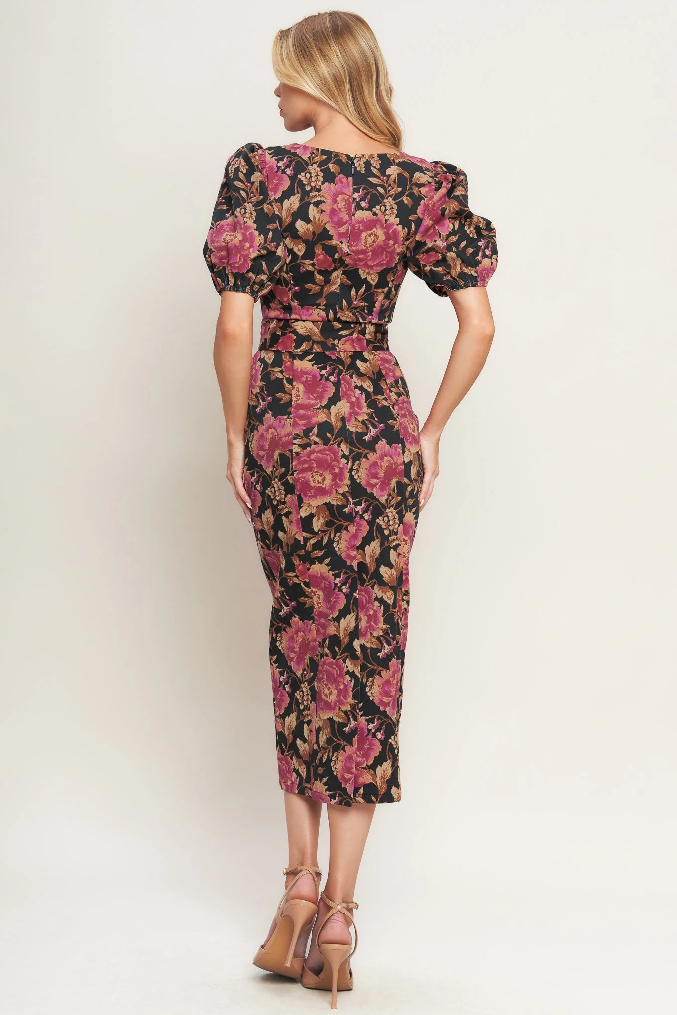ROSE PUFF SLEEVE FITTED MIDI DRESS - Image 2