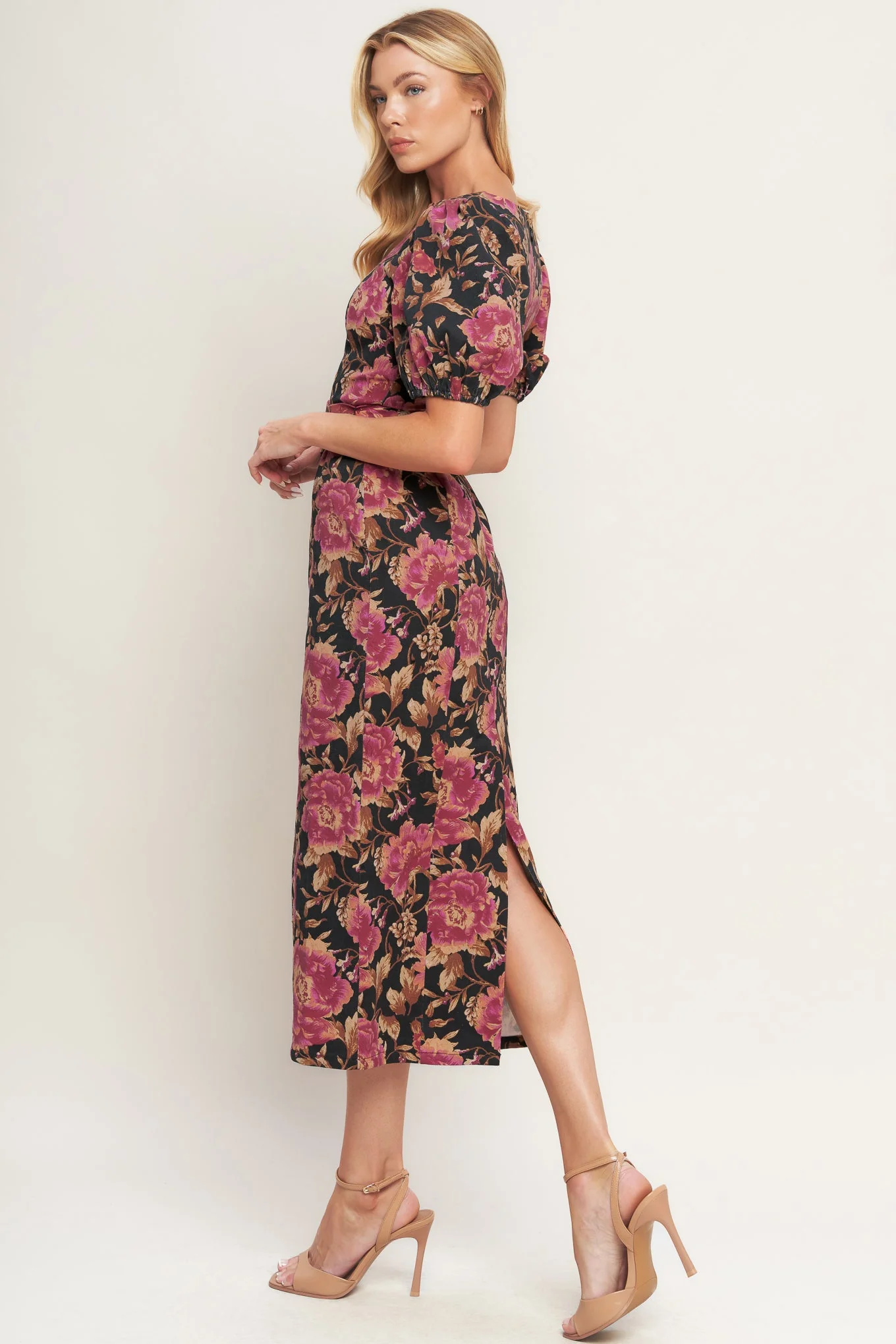 ROSE PUFF SLEEVE FITTED MIDI DRESS - Image 5