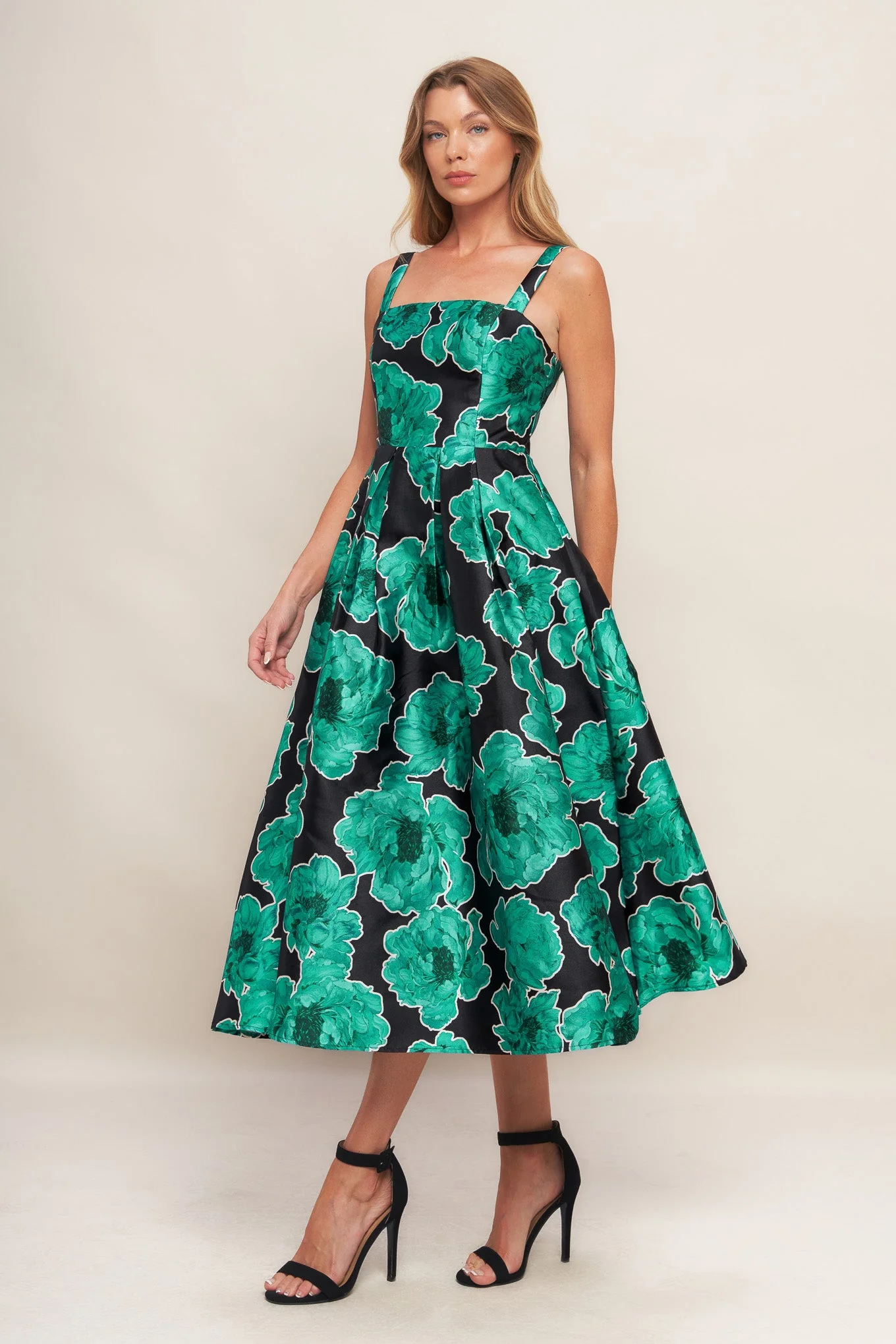 ROYAL BAROQUE GREEN FLORAL PRINT SATIN MIDI DRESS - Image 4