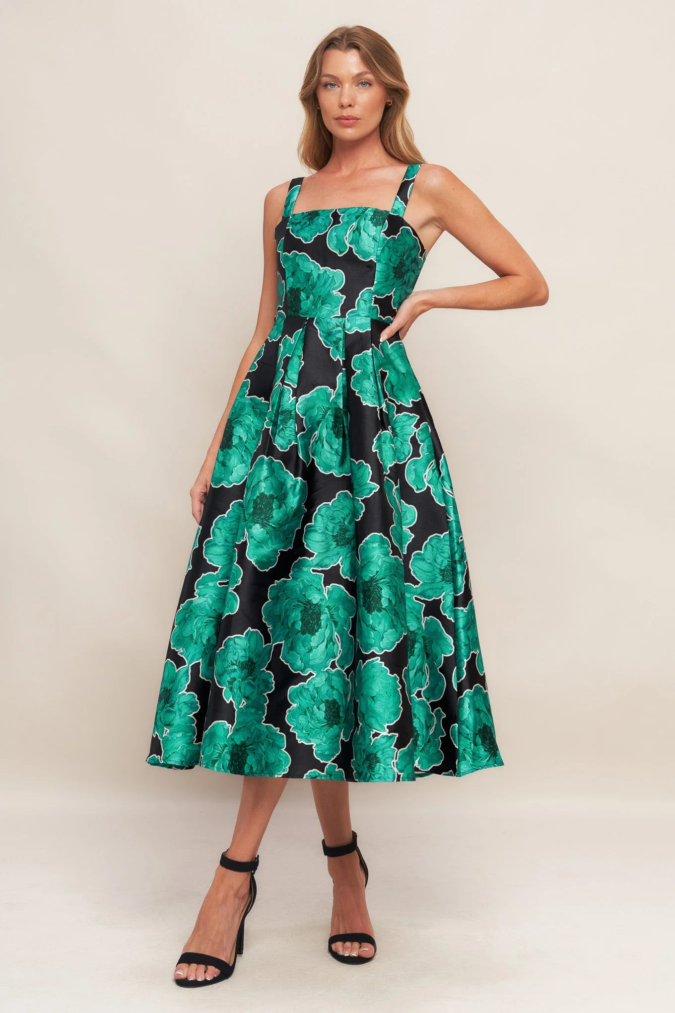 ROYAL BAROQUE GREEN FLORAL PRINT SATIN MIDI DRESS - Image 5