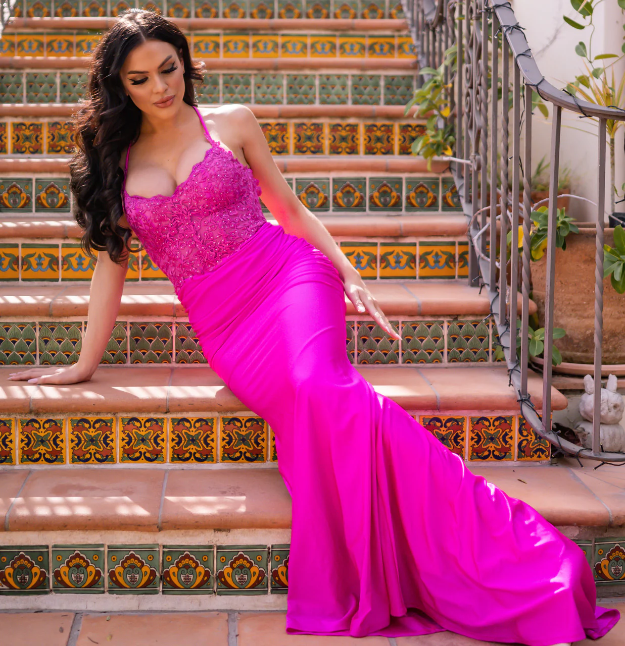 Rylie Gown - Fuchsia - Stretch Fitted Dress With Lace Bodice - Image 5