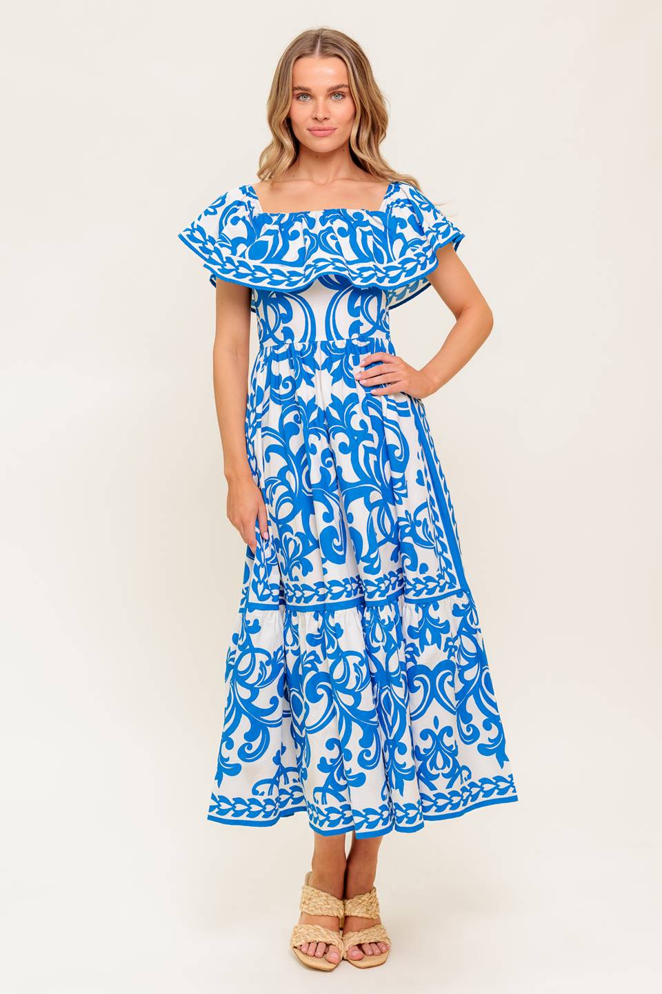 SERENADE MIDI DRESS - PRINTED OFF SHOULDER COTTON DRESS - Image 4