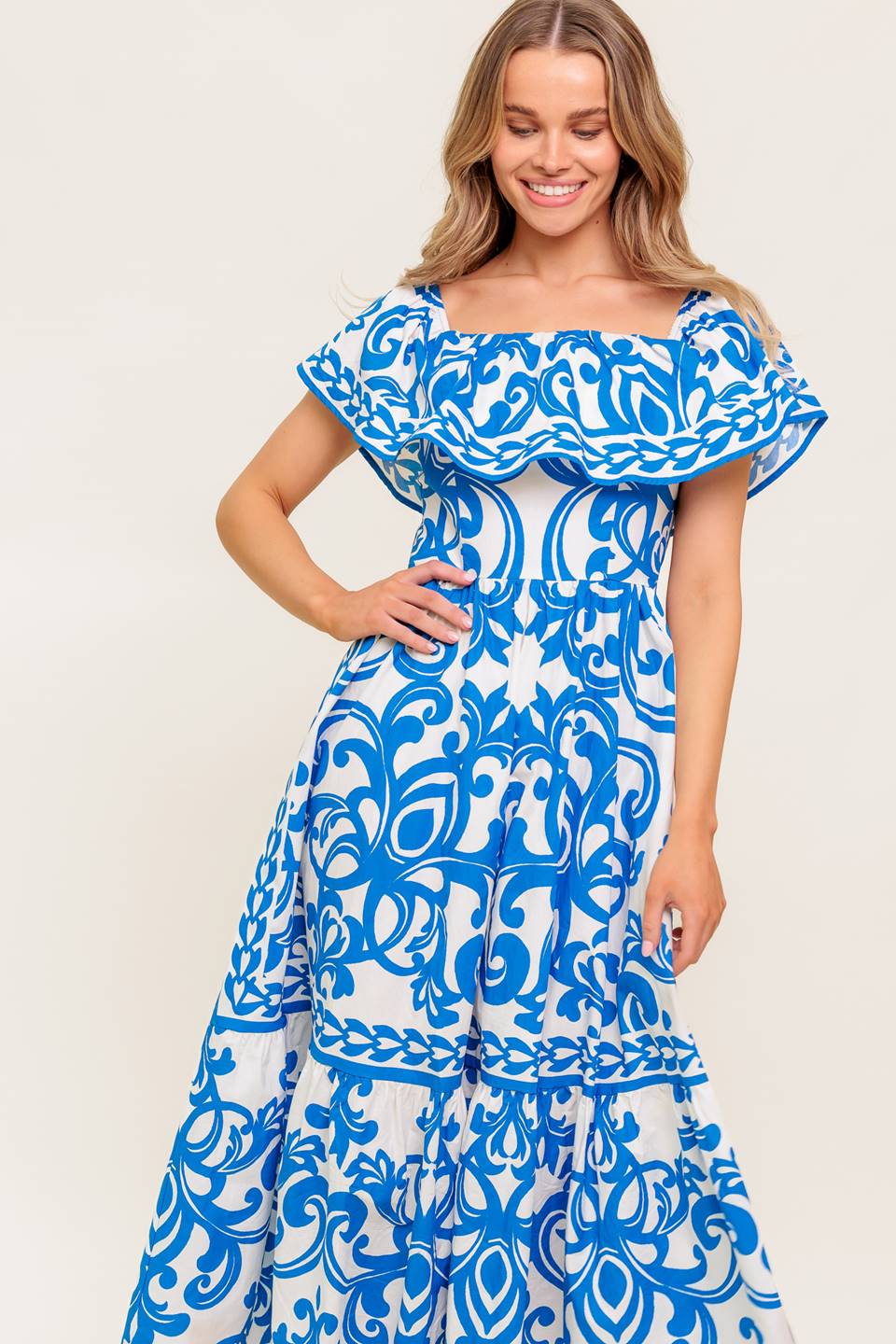 SERENADE MIDI DRESS - PRINTED OFF SHOULDER COTTON DRESS - Image 7
