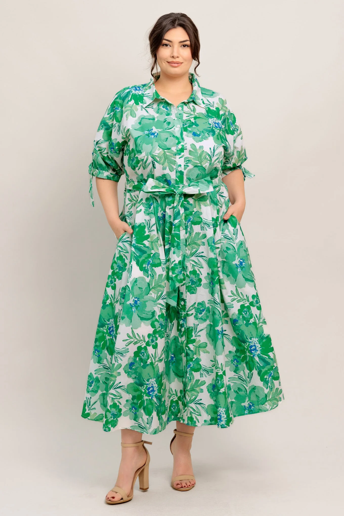 SIMPLY IN BLOOM GREEN FLORAL MIDI SHIRT DRESS - Image 10