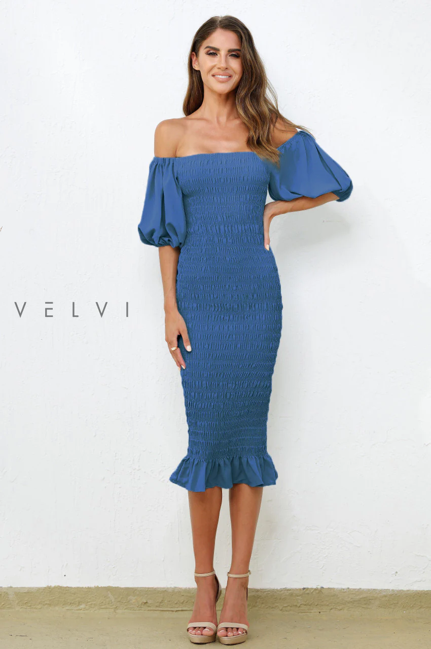Skyla Shirred Midi Dress - Navy - Image 3