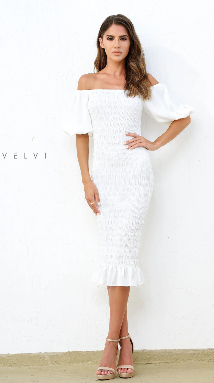 Skyla Shirred Midi Dress - WHITE - Image 5