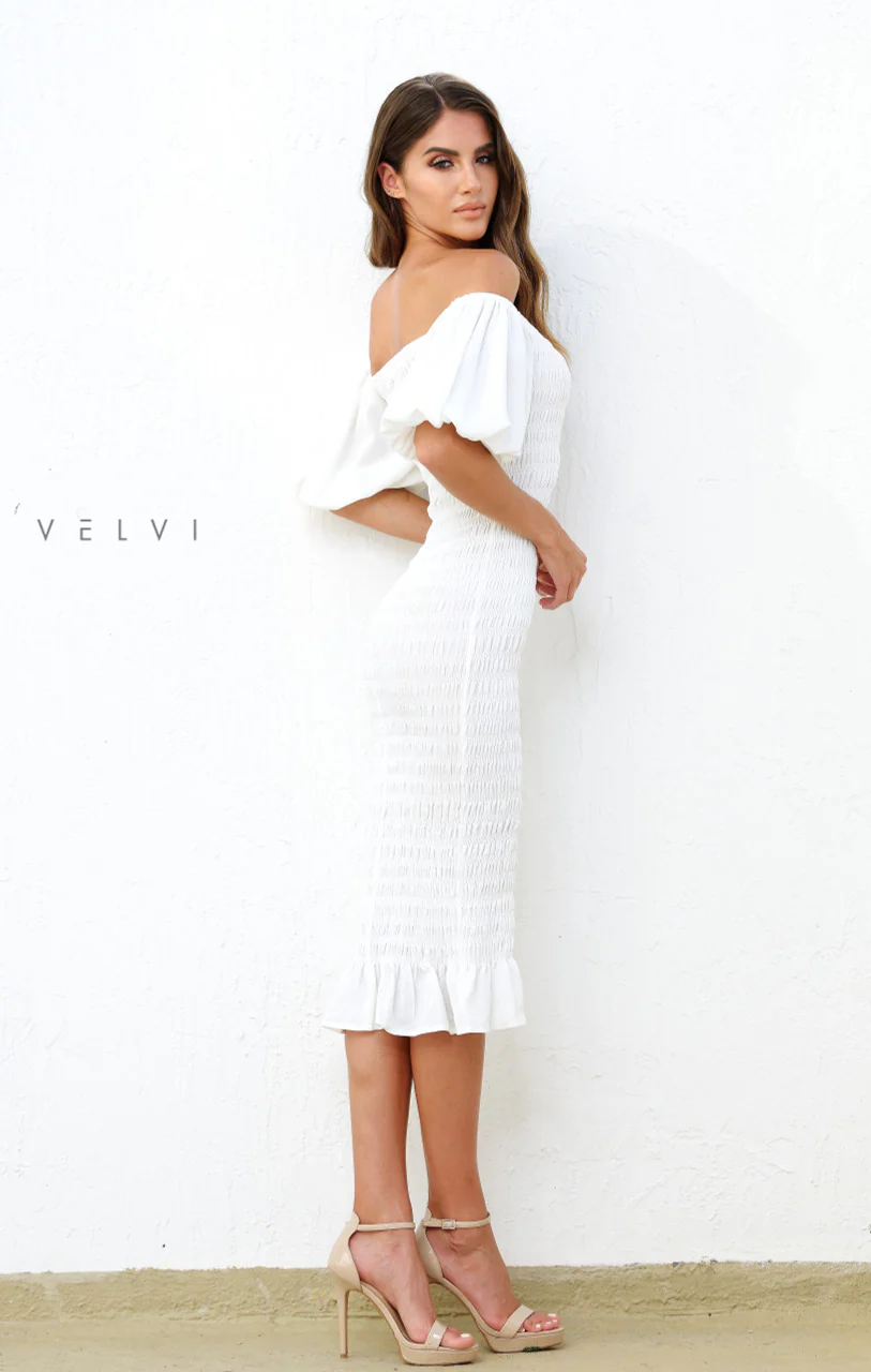 Skyla Shirred Midi Dress - WHITE - Image 8