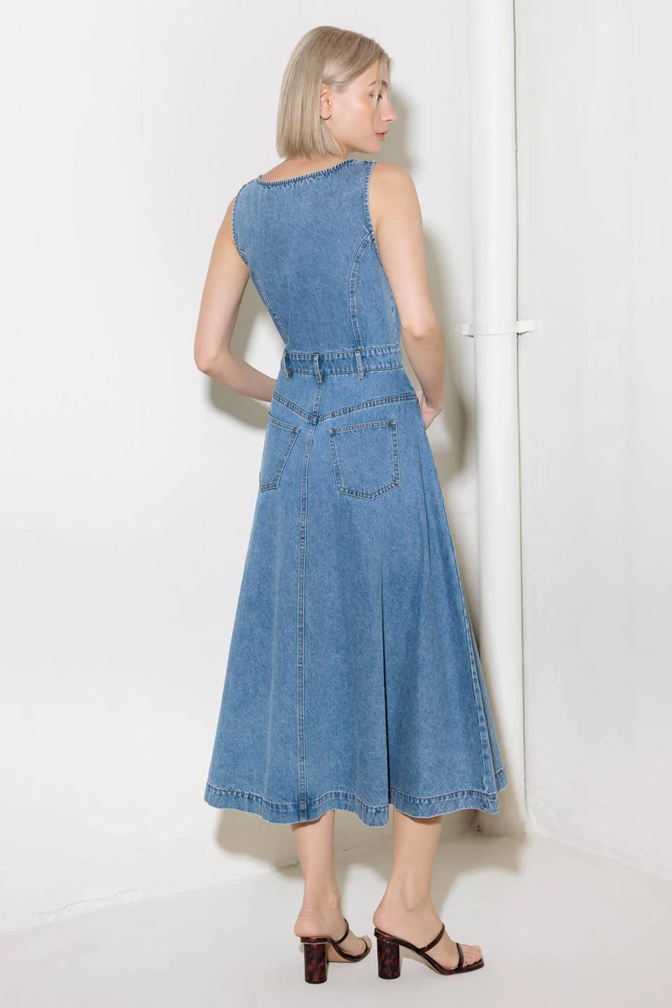 SOFTLY ROMANTIC - SQUARE NECKLINE DENIM MIDI DRESS - Image 2