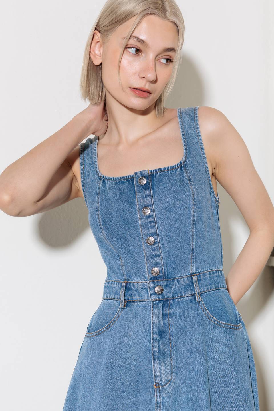 SOFTLY ROMANTIC - SQUARE NECKLINE DENIM MIDI DRESS - Image 4