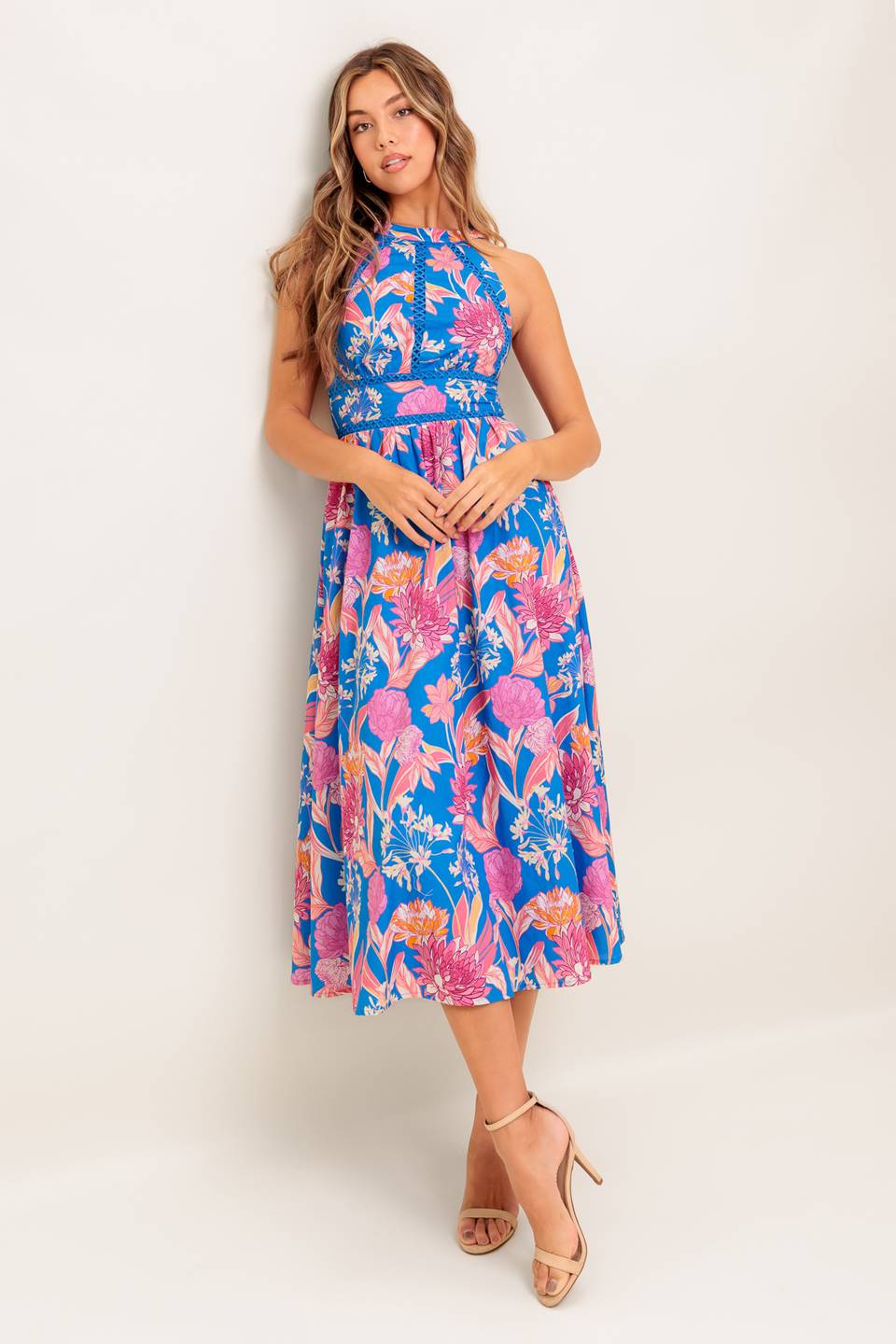 SOLANA MIDI DRESS - BLUE & PINK FLORAL HALTER DRESS - Image 2