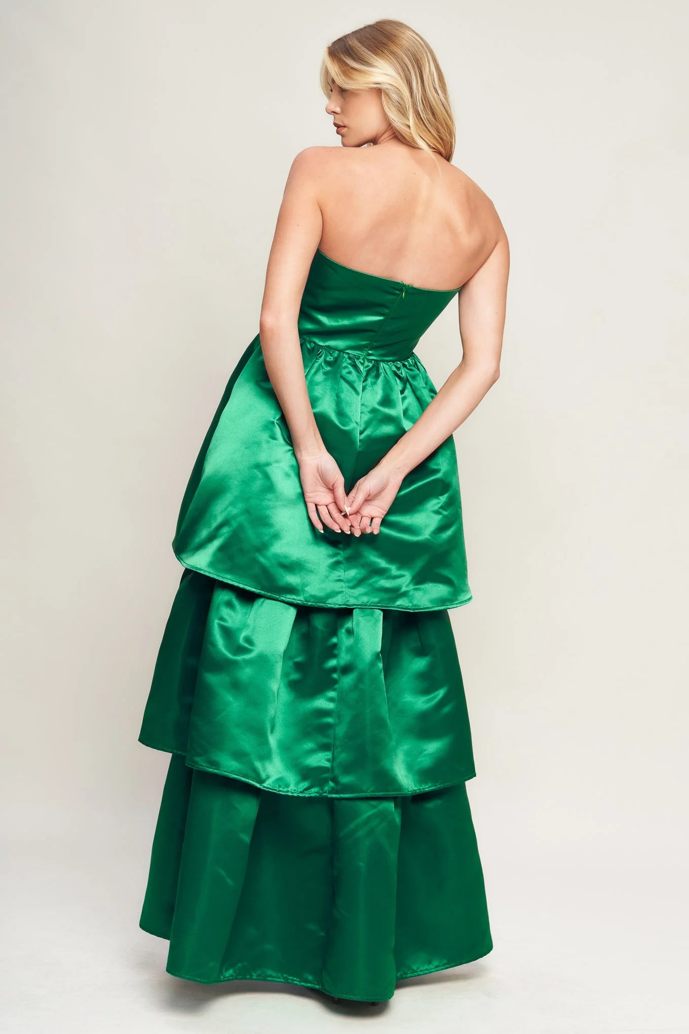 STRAPLESS GREEN SATIN MAXI DRESS WITH HIGH LOW HEM - Image 2