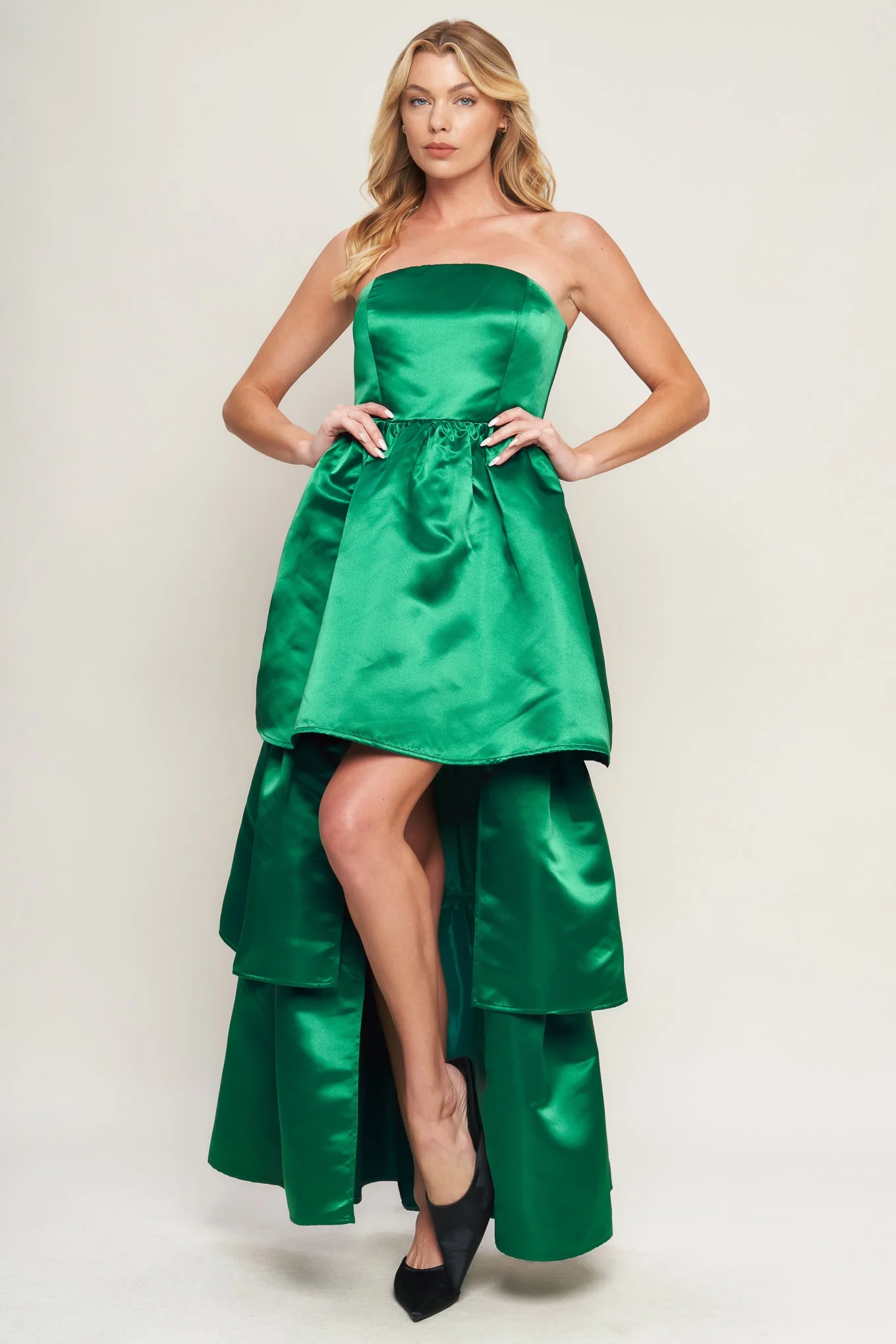 STRAPLESS GREEN SATIN MAXI DRESS WITH HIGH LOW HEM - Image 4