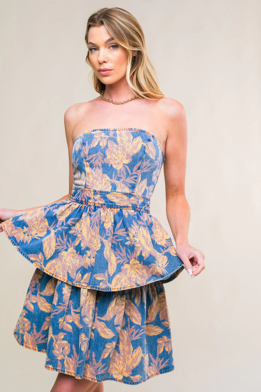 SUMMER MOMENTS - STRAPLESS FLORAL DENIM MINI DRESS - FINAL SALE - Image 5