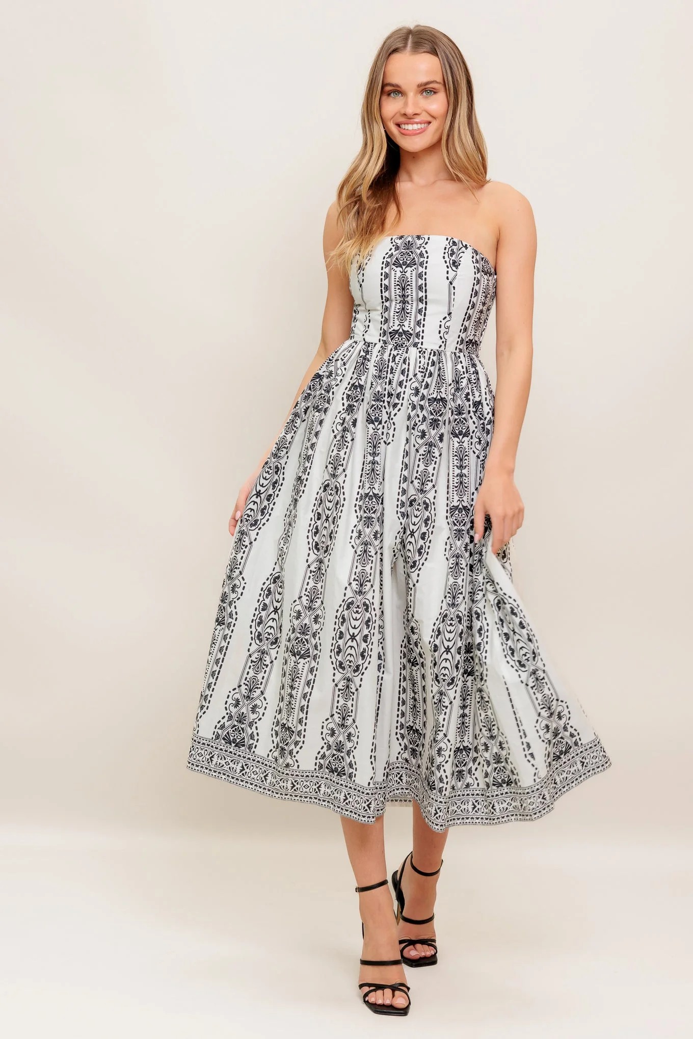SUMMER SILHOUETTE STRAPLESS BLACK & WHITE MIDI DRESS - Image 4