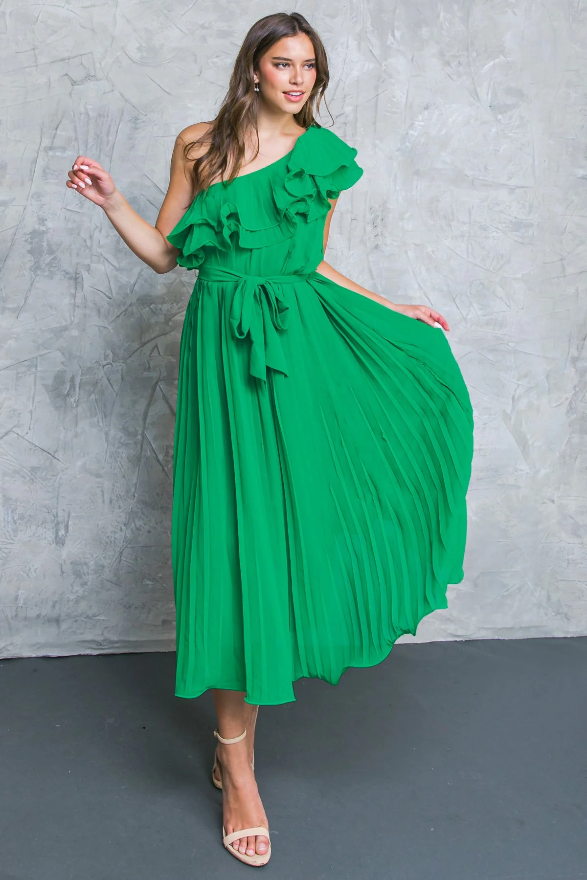 SUN-KISSED STYLE - GREEN - ONE SHOULDER RUFFLE MIDI DRESS - Image 2