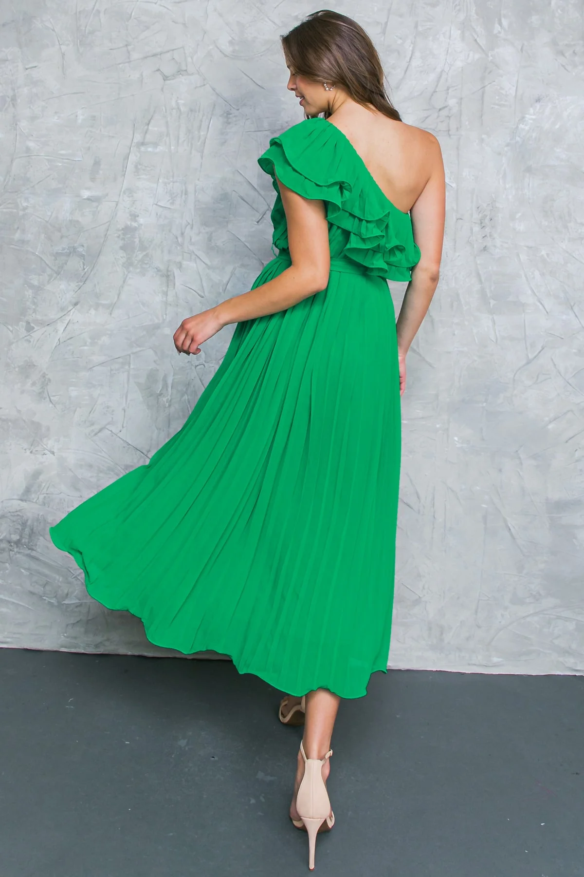 SUN-KISSED STYLE - GREEN - ONE SHOULDER RUFFLE MIDI DRESS - Image 3