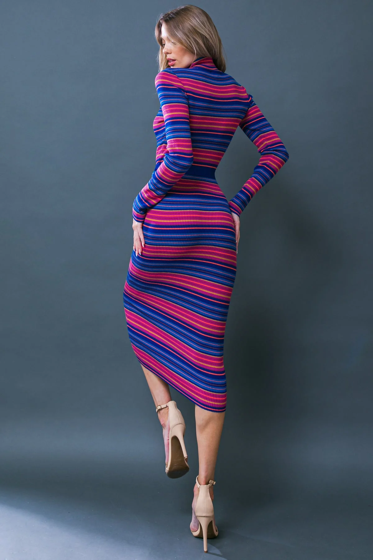 SWEATER WEATHER MIDI DRESS - BLUE & FUCHSIA STRIPE - Image 3