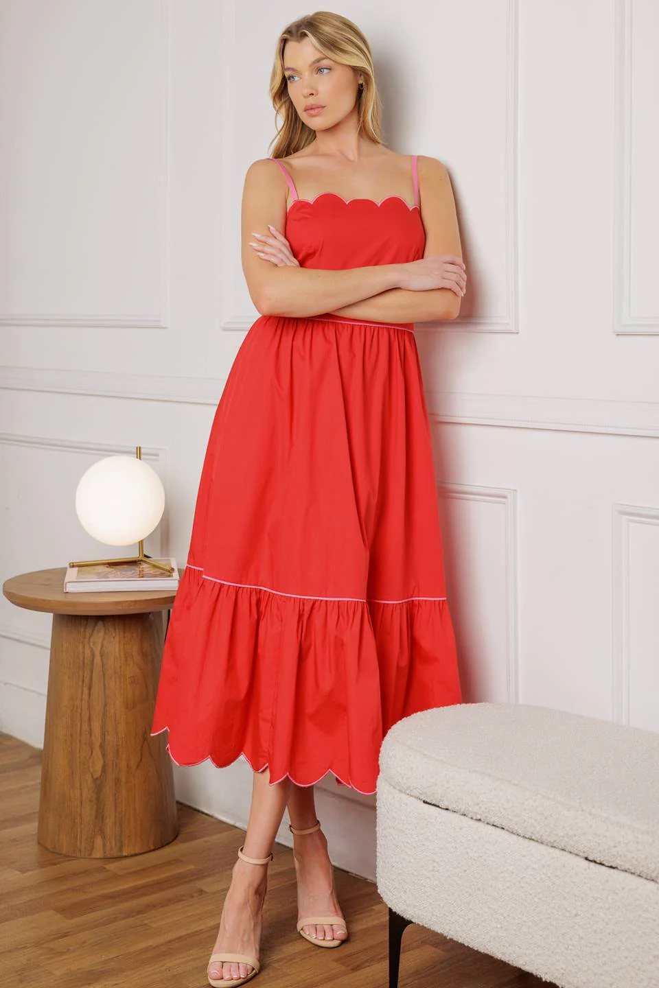 SWEET DREAMS - RED & PINK - SCALLOPED EDGE MIDI DRESS - Image 2
